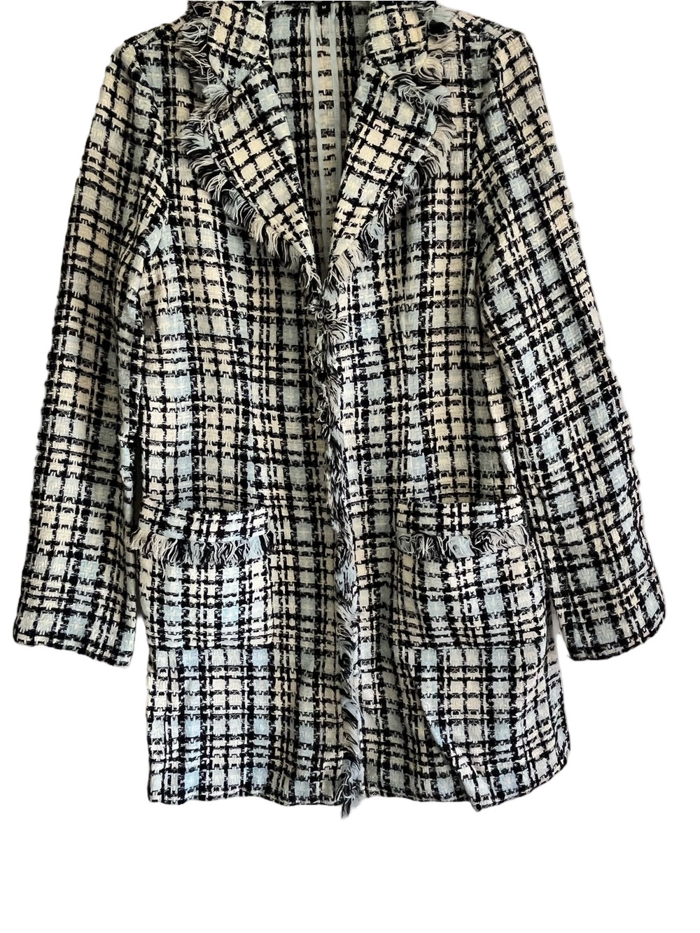 Karen Kane Black White Blue Plaid Long Sleeves Tweed Fringe Long Jacket Women M